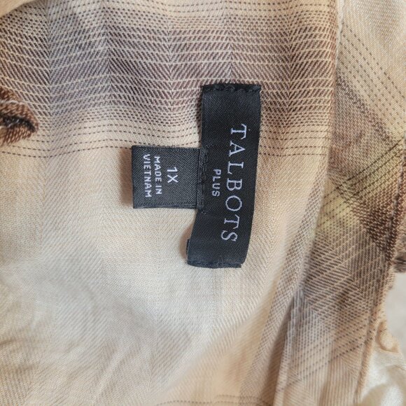 Talbots Plus 1X Beige Plaid Button Front Top Womens Long Sleeve Lightweight Blou - Picture 5 of 8
